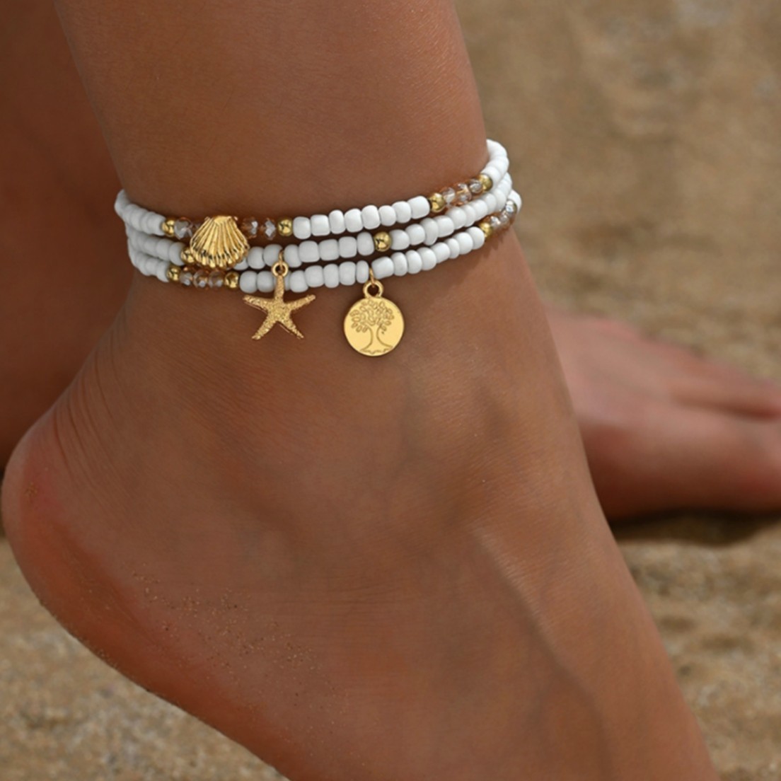 3pcs Boho Ceramic Bead Chain Gold-plated Pendant Combine Layered Anklets Chain