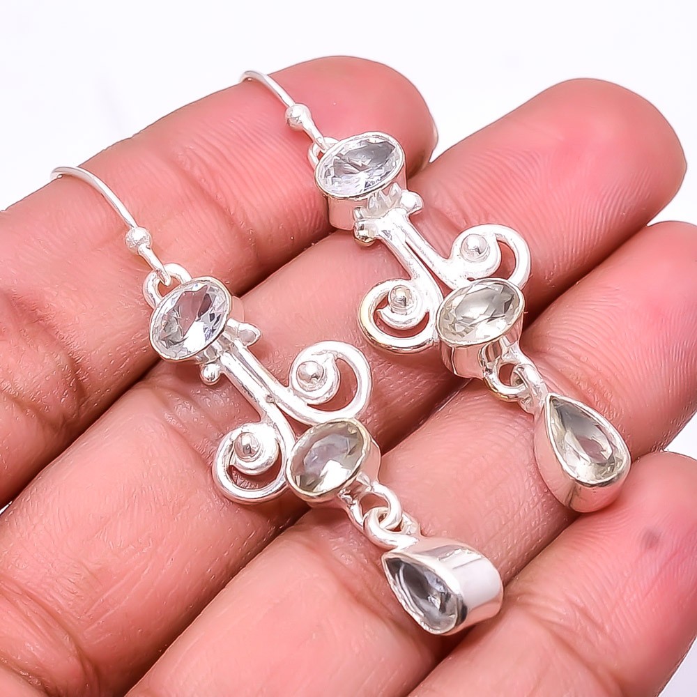 White Topaz Multi Collet 925 Sterling Silver Earring 2.15″ E2, Christmas Gift