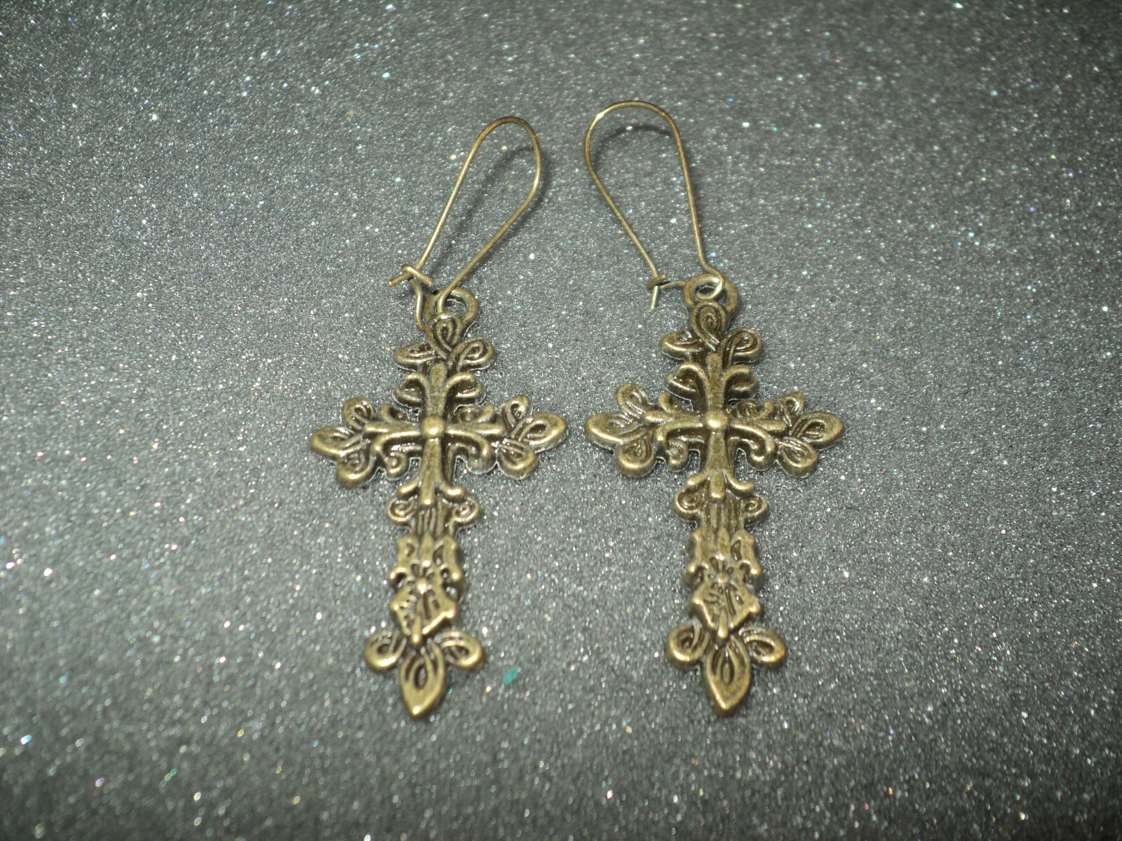 Bronze Cross Earrings Dangle Fish Hook Vintage 2″ Long x 1″ Wide Gothic