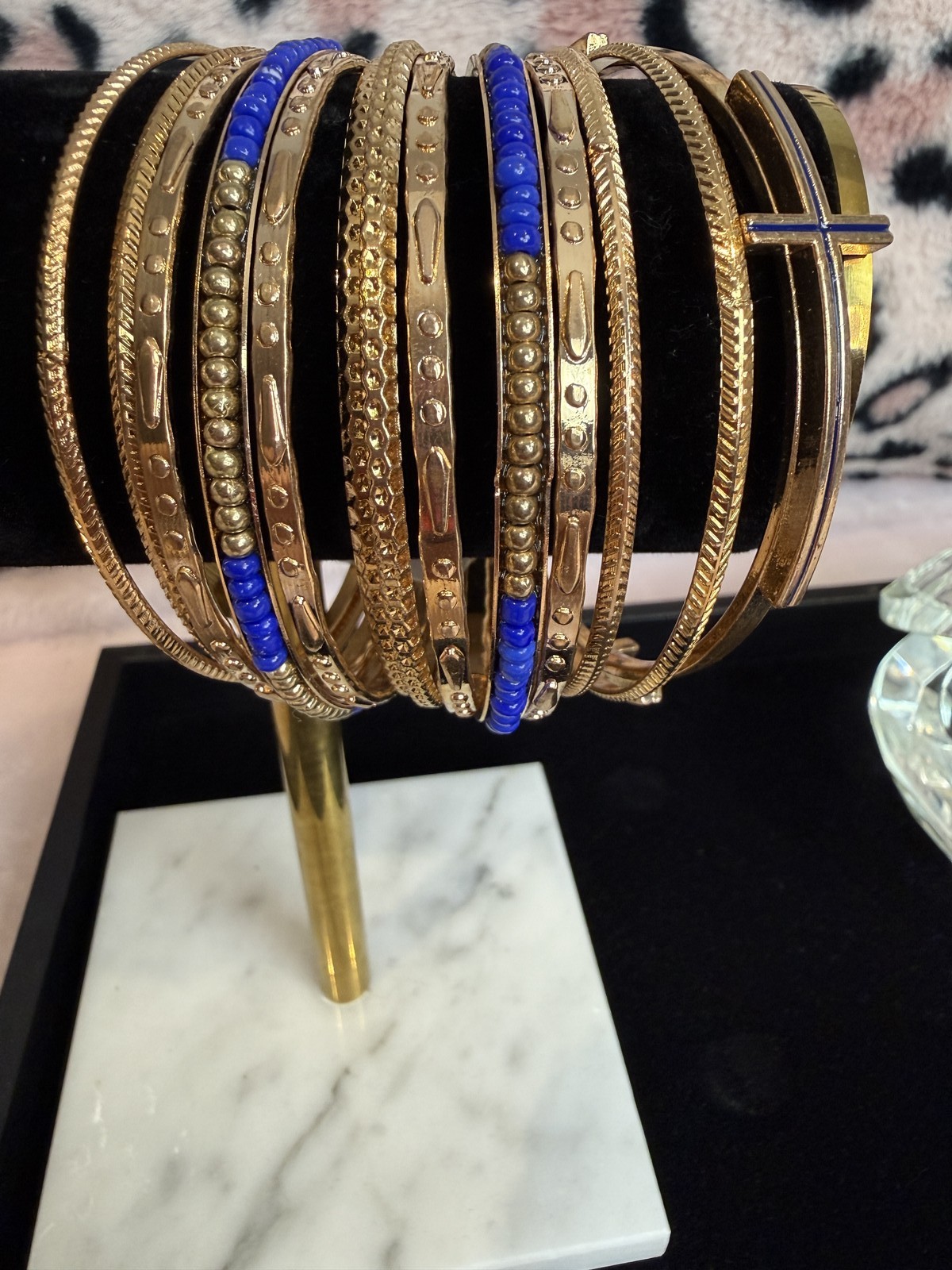 Gold Tone Bangle Bracelet Set Boho Stacked Bangles Blue Beads Cross Charm