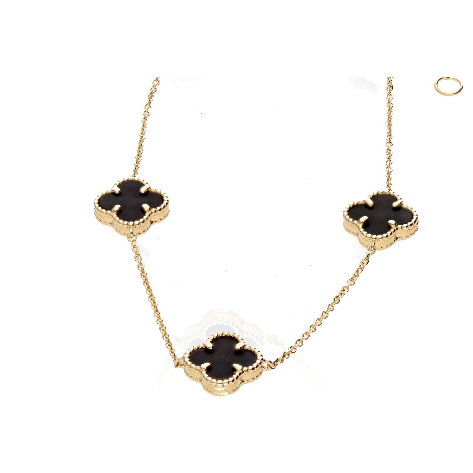 14K Yellow Gold Onyx Quatrefoil Station Bracelet Five Motif 7-8 Inch