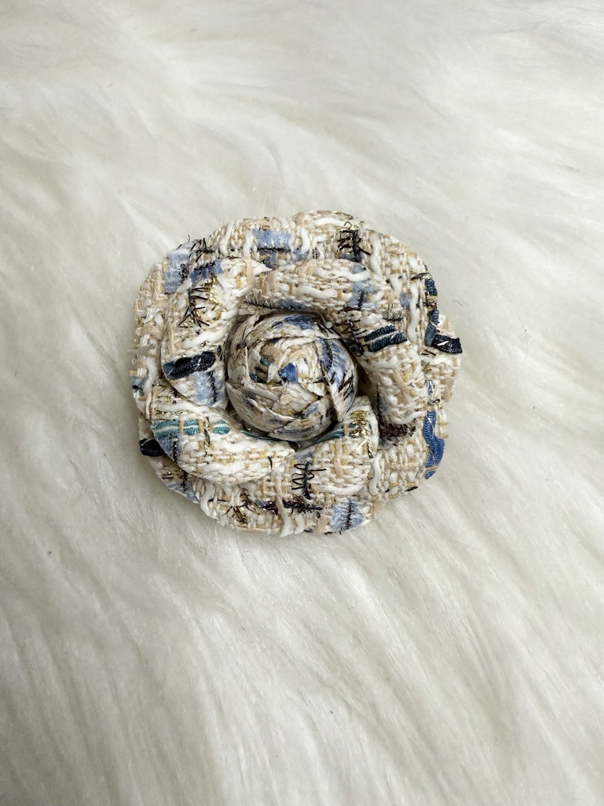 Camellia Brooch Pin Tweed Beige New Handmade