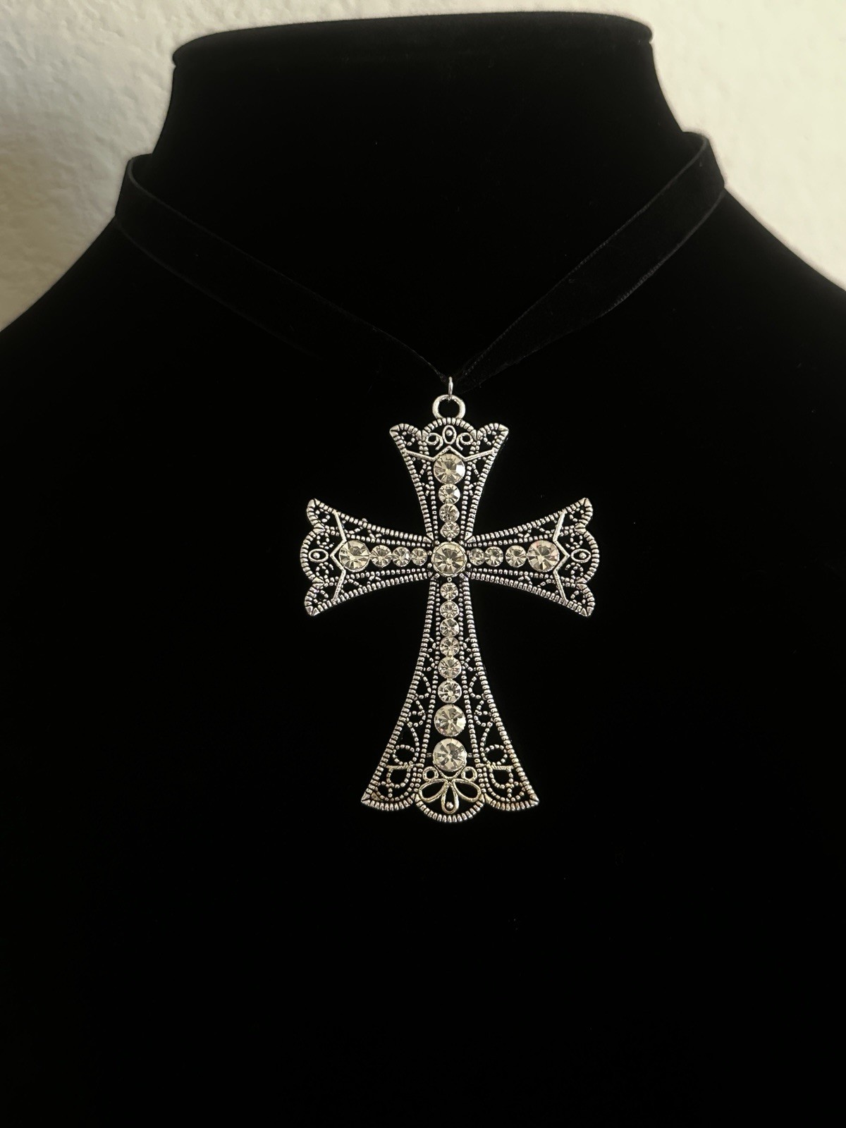 Handmade Gothic Large Cross Pendant Black Velvet Choker