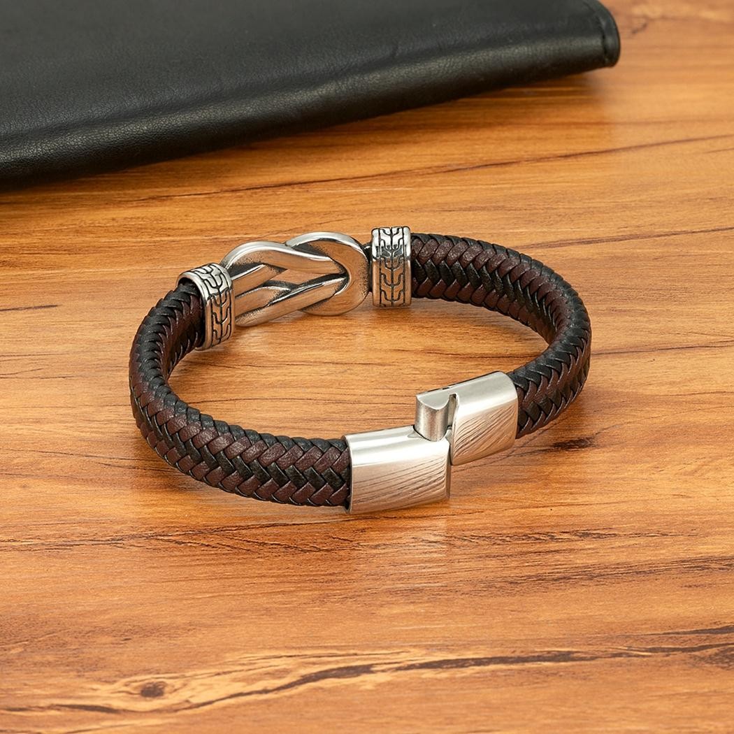 Men’s Stainless Steel Braided Leather Bracelet Black/Brown Magnetic Clasp Rope