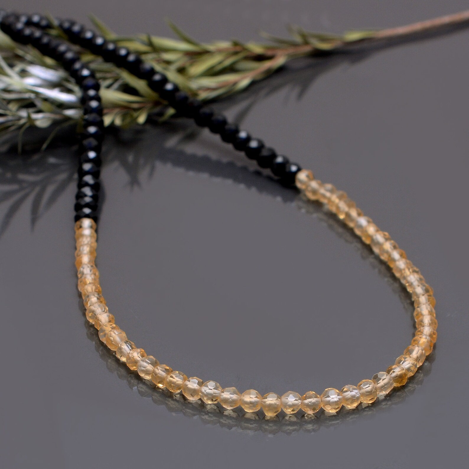 2-3MM Black Spinal & Citrine Faceted Round Gemstone Beads 2 Multi Necklace 24”