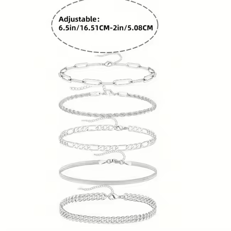 5PCS Silver Plated Bracelet Set Adjustable Stackable Chain Bracelets Women