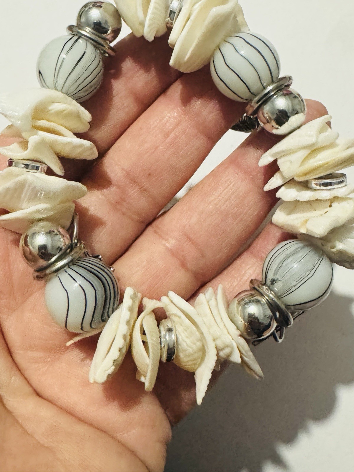 cream shell bead silver tone charm stretch bracelet fun beach Boho bracelet
