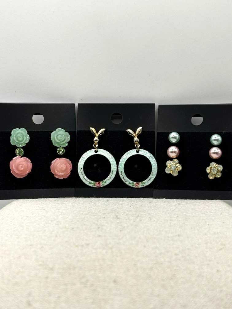 Pink Teal Green Flower Faux Pearl And Crystal Stud Dangle Earring Set of 7 Pairs