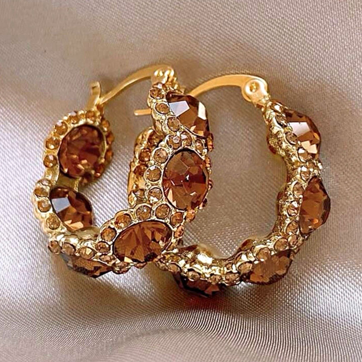 Gold-Tone Hoop Earrings w/ Round Brown Crystal Rhinestones, Latch Back Closure