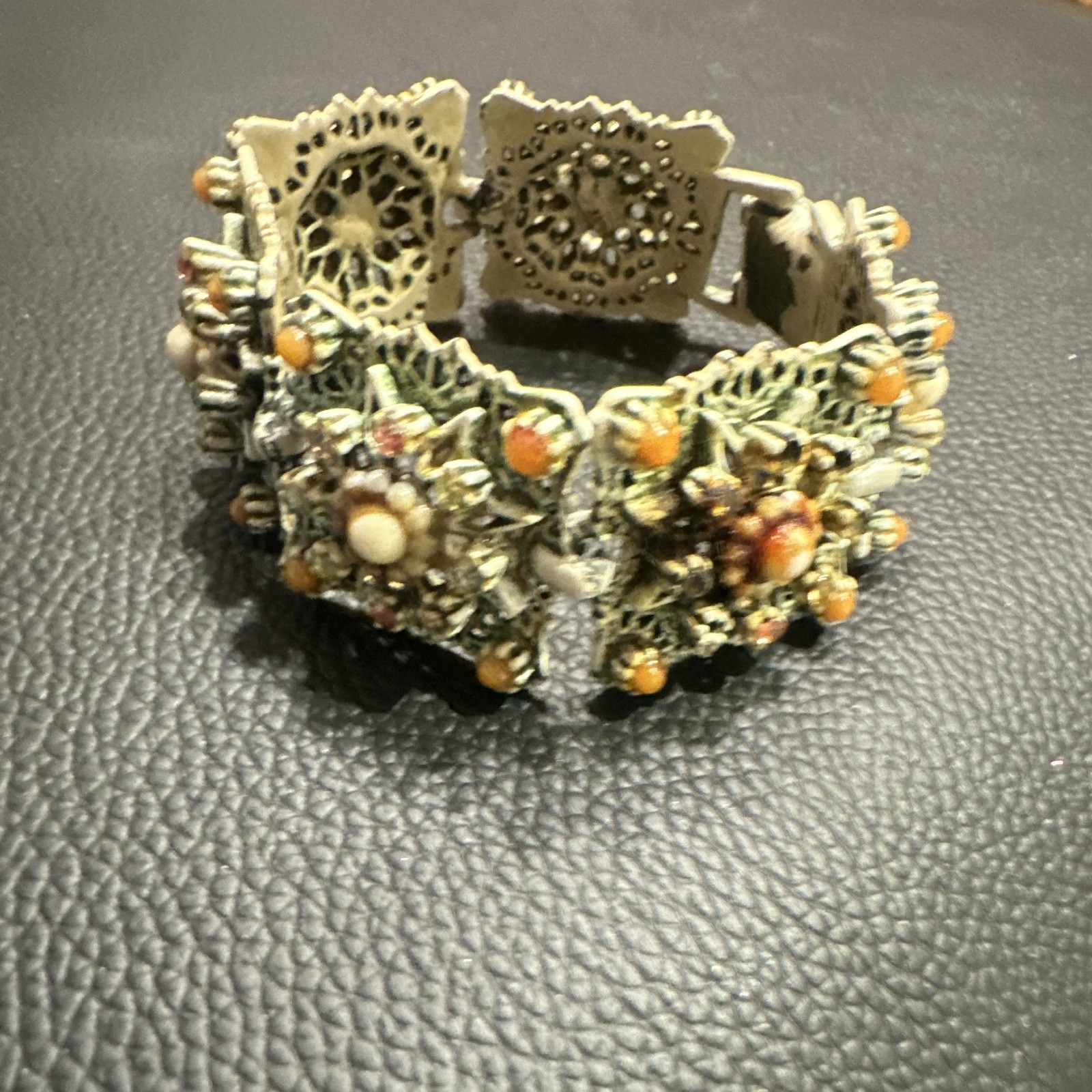 Vtg ART Arthur Pepper Enamel Filigree Bracelet Faux Pearl Orange Coral Color