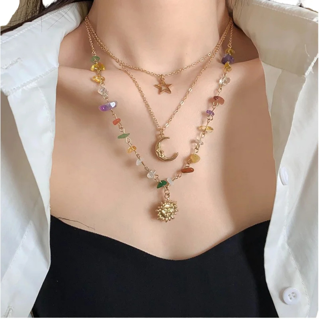 Women’s Crystal Necklace (3 Pcs), Multi Layer Necklace, Sun Star & Moon Necklace