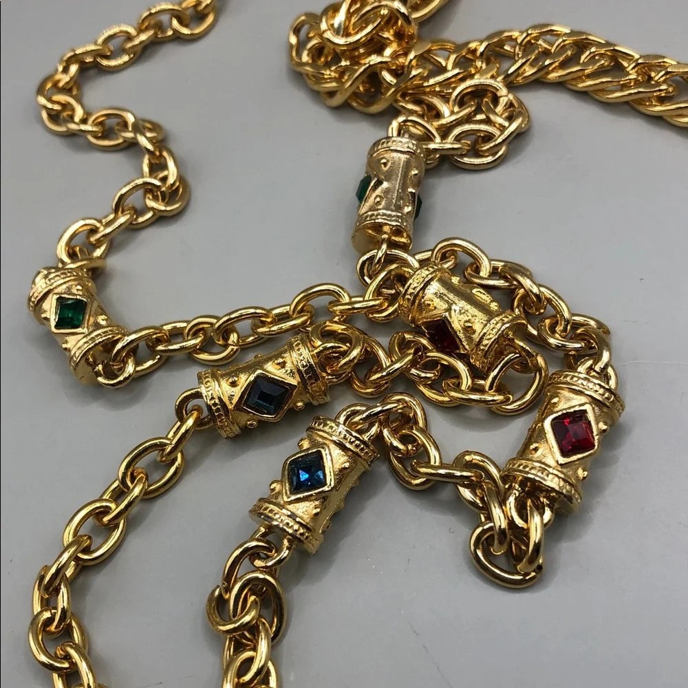 KJL Long Chain Necklace Gold + Retro Style Cylinder Stations Statement Necklace.