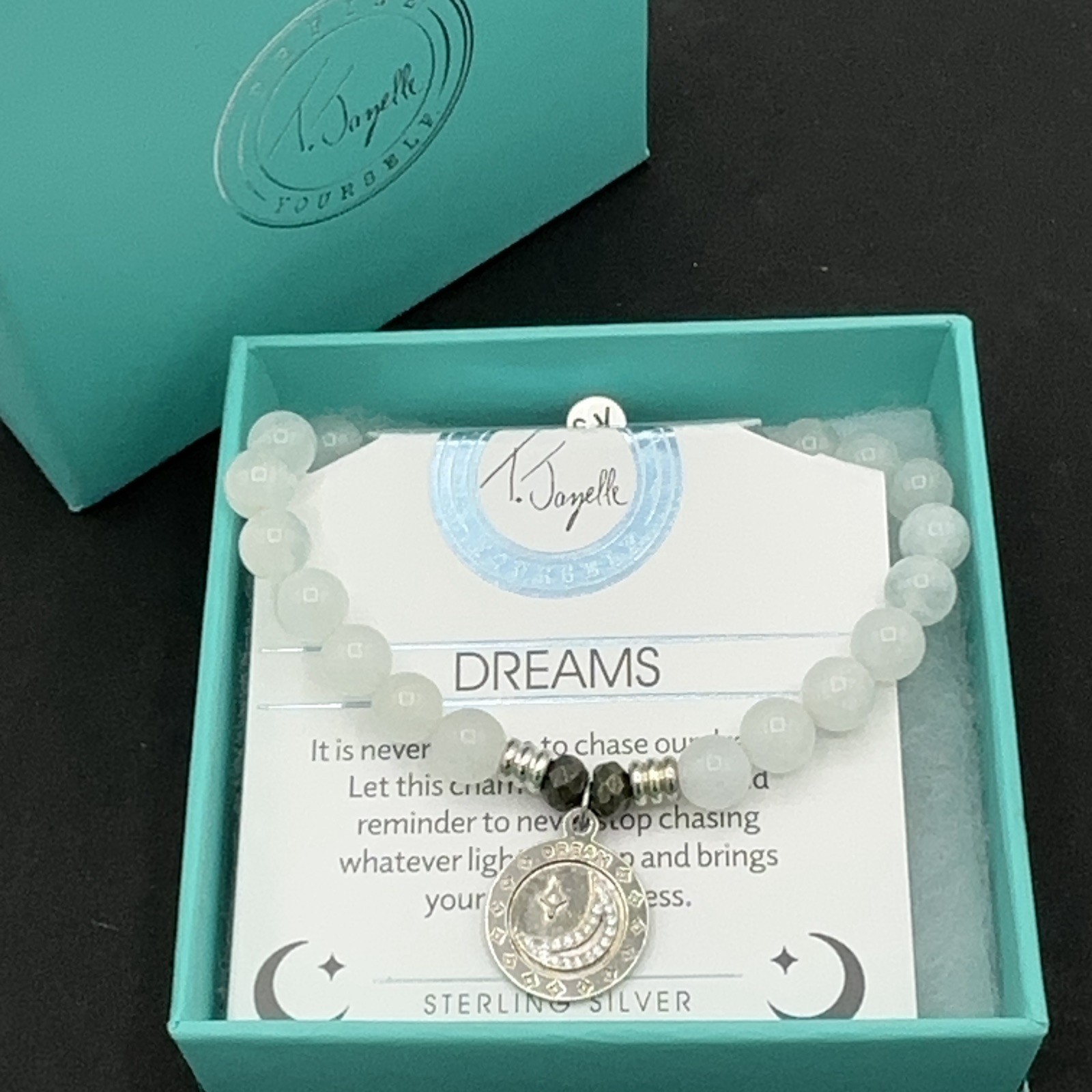 T JAZELLE Dreams bracelet – sterling silver moon charm white stone beads IN BOX