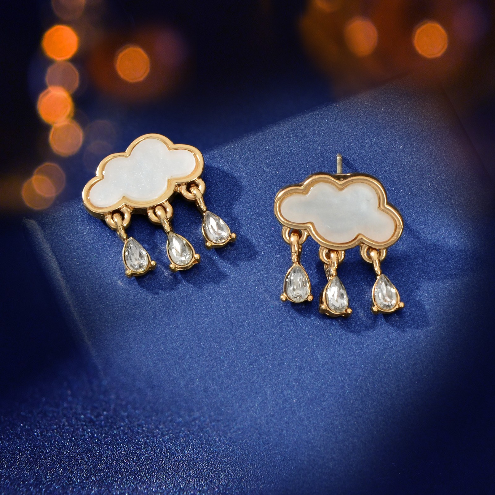 Cute Romantic Gold Border White Cloud Stud Rhinestone Raindrop Dangle Earrings