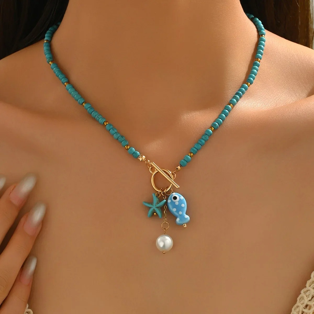 Boho Starfish beach Necklace Handmade Beaded Pearl Ceramic Fish Pendant Women