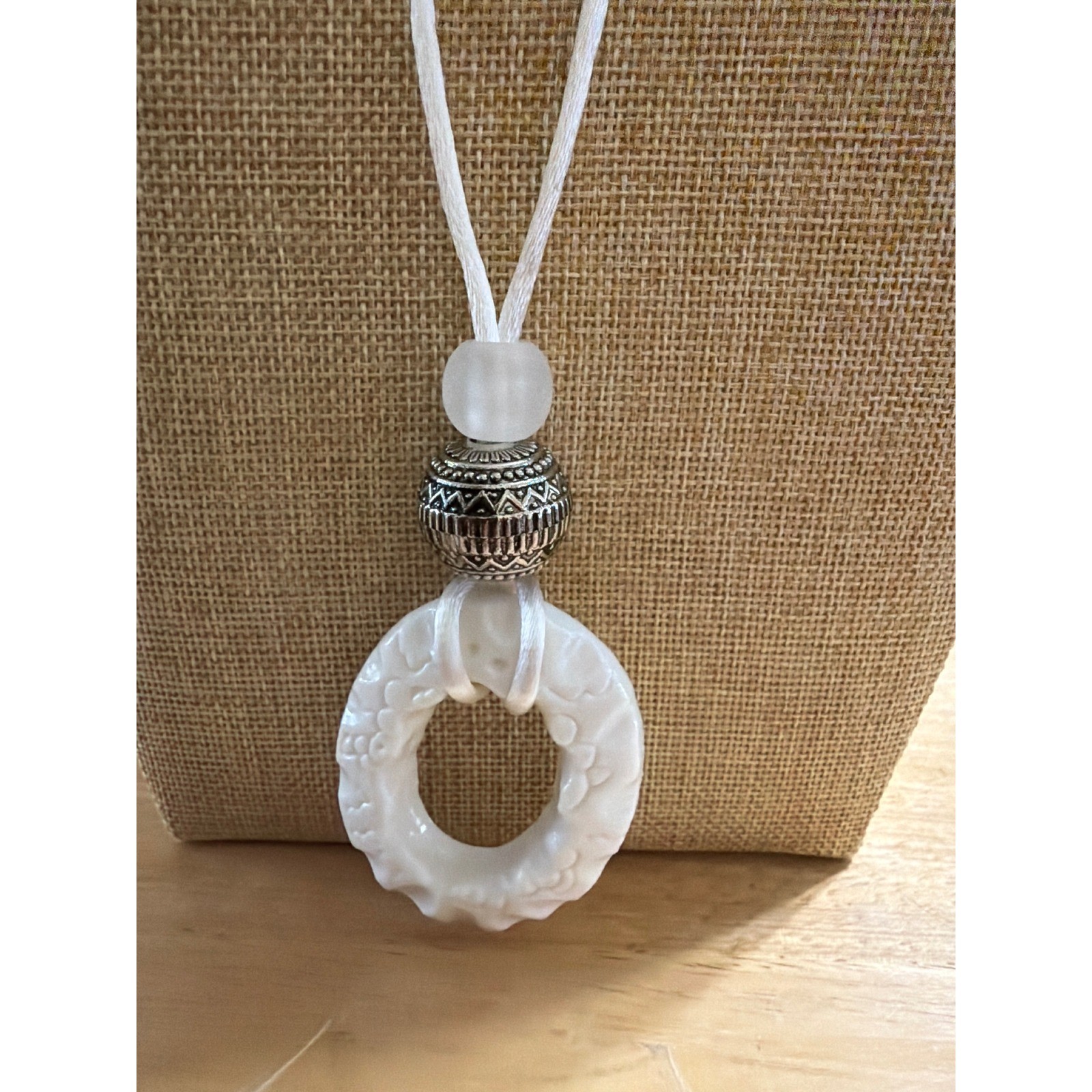 Boho White Carved Resin Ring Pendant Necklace Silver Tone Bead White Cord Artsey
