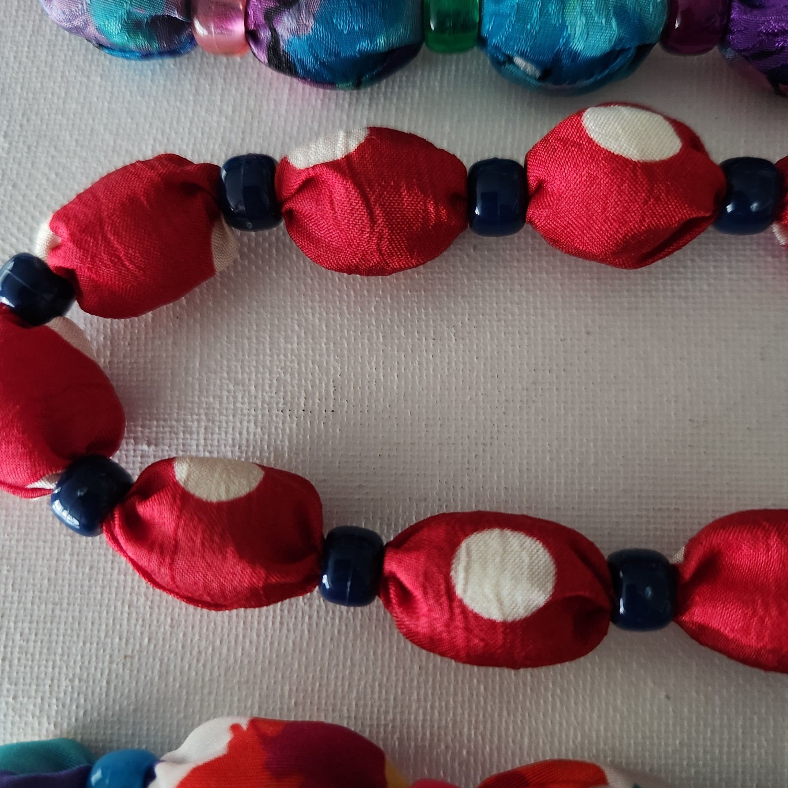 Vintage Lot of 3 Handmade Fabric Cloth Covered Wood Bead Necklaces 30″