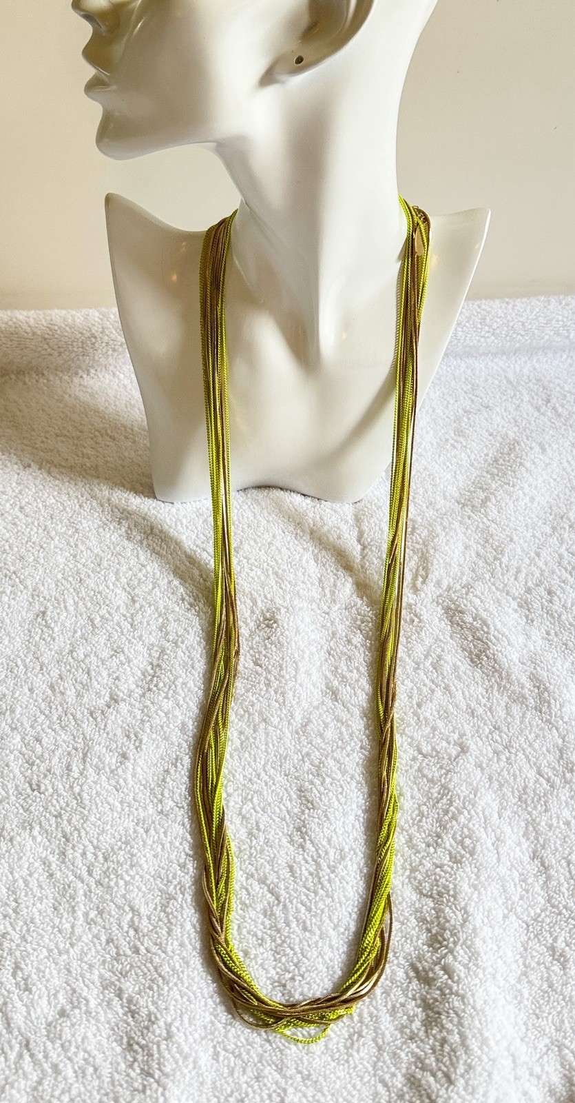 Gold Green Multi Chain Necklace by Cara NY. Lobster Claw Clasp 35”.