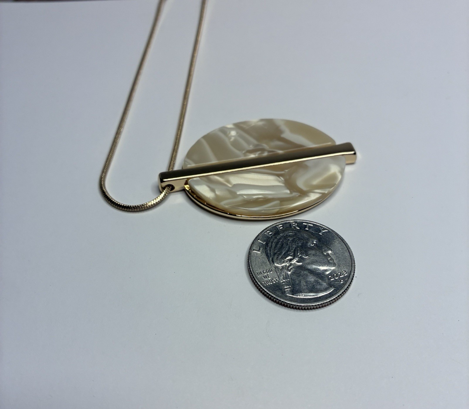 Kaari Blue Gold Colored Necklace Geometric Mother Of Pearl Ivory Style Pendant.