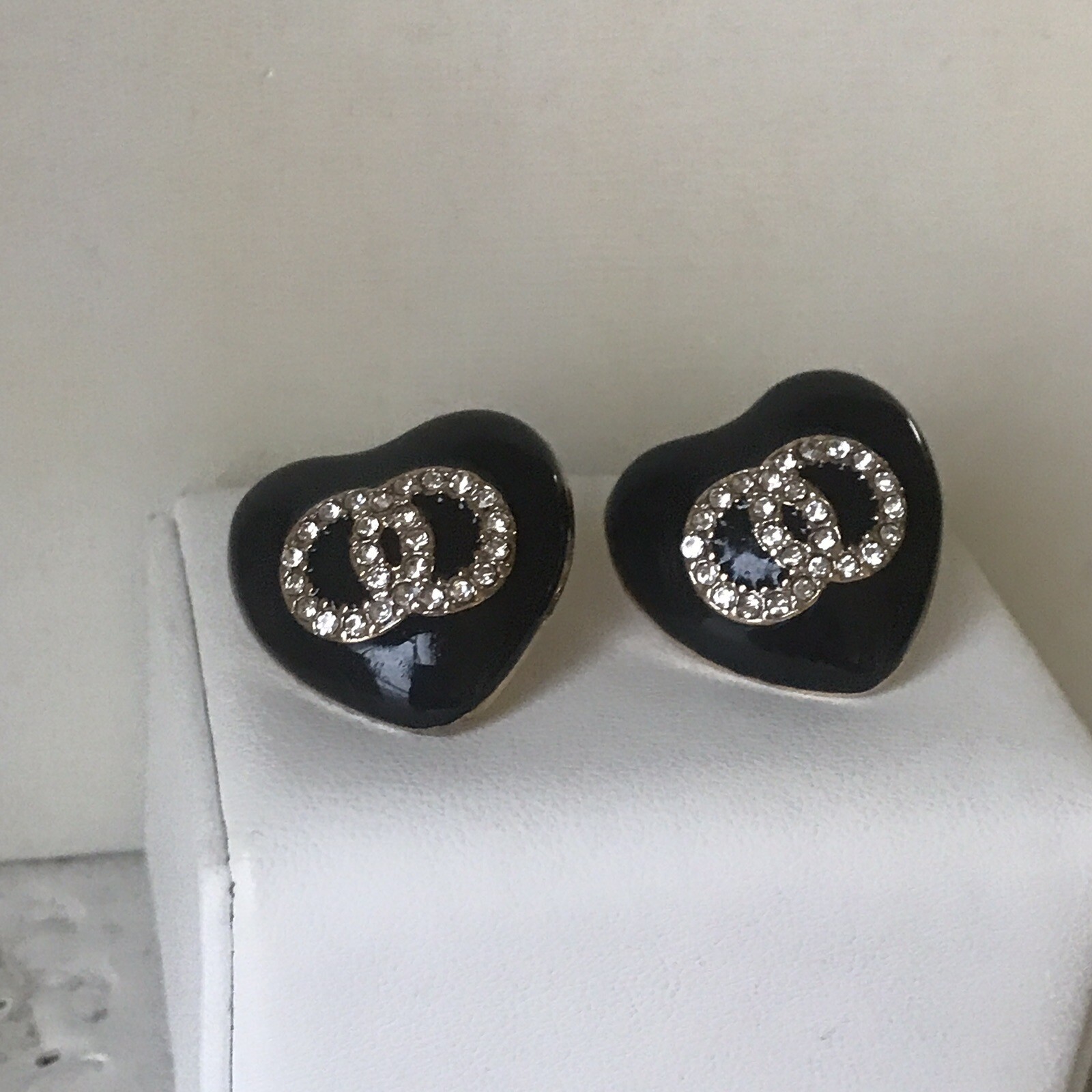 Black Enamel Heart Clear Crystal Pave Logo Stud Pierced Earrings