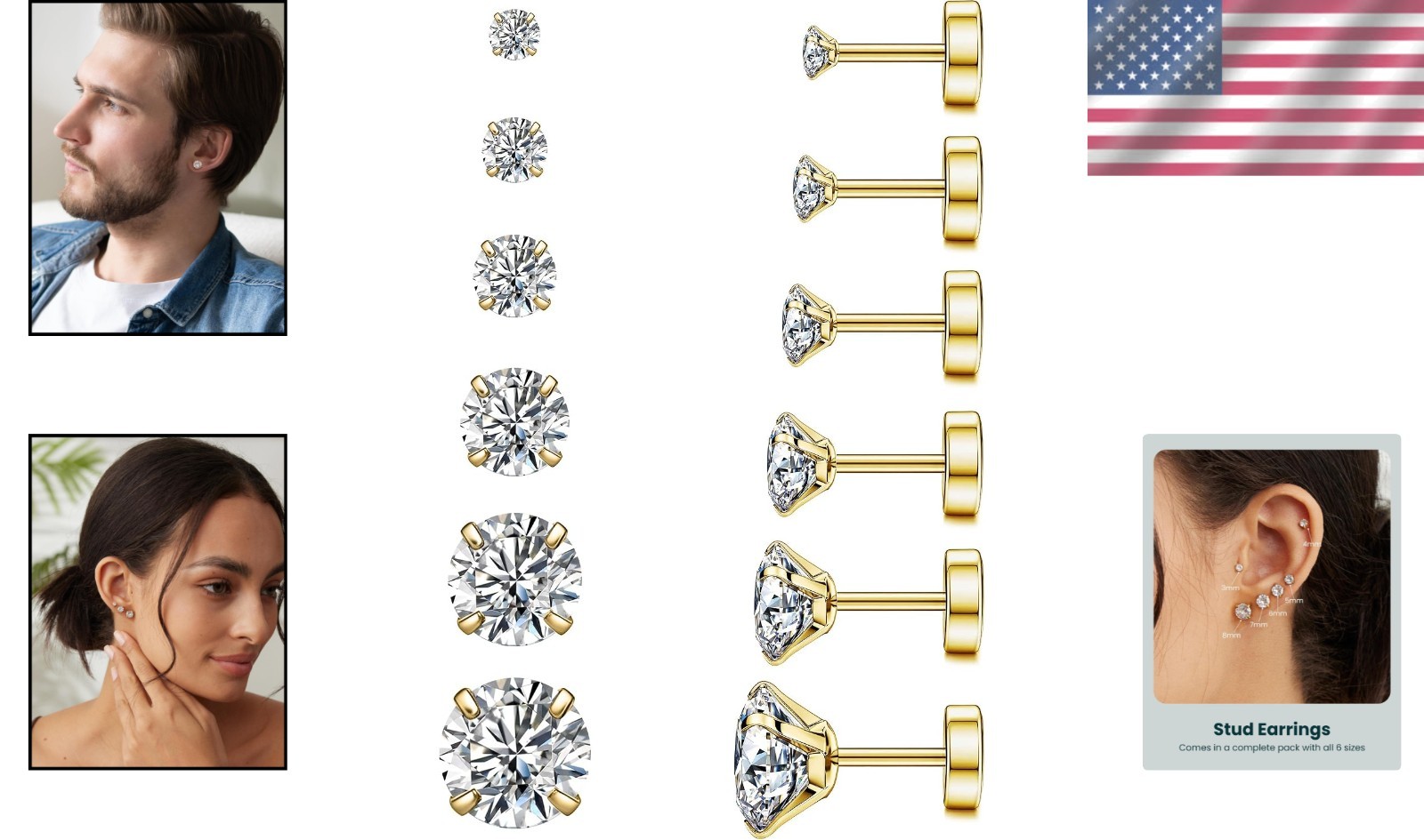Elegant Multi-Size Gold Stud Earrings in 18K – Perfect for Sensitive Skin