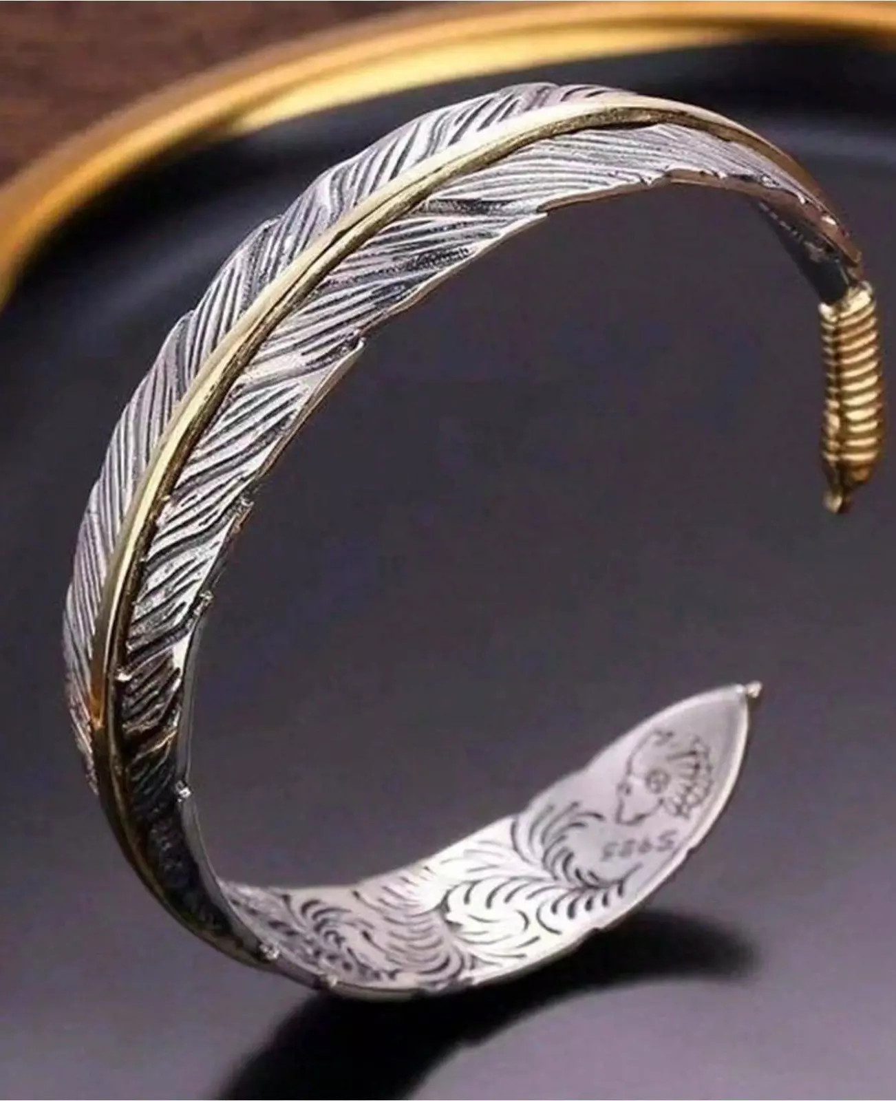 Pulsera De Manguito Abierta Estilo Vintage Para Hombre Brazalete Plumas De Plata