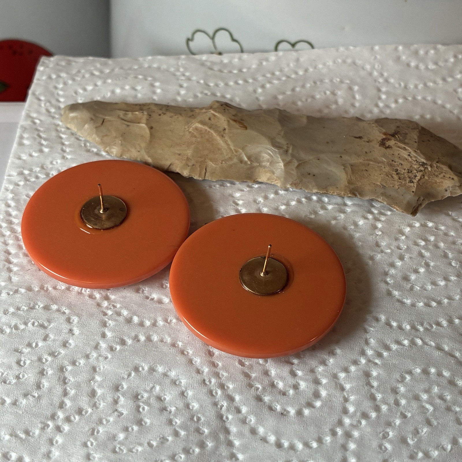 Orange Round Disc Stud Earrings Plastic Butterfly Back Lobe