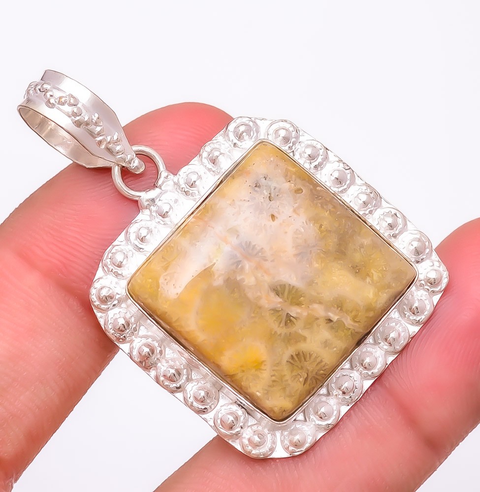 Natural Fossil Coral Gemstone 925 Silver Plated Jewelry Pendant 1.8″ T2748