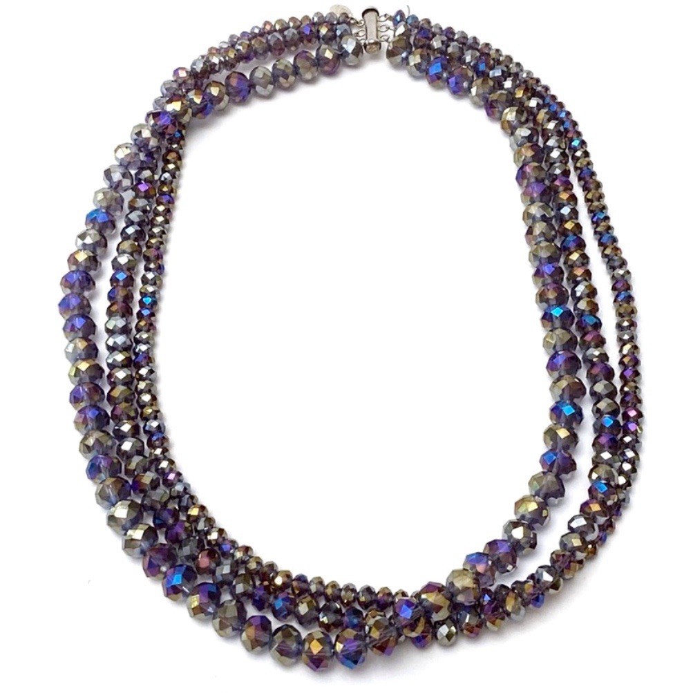 Donna Dressler Purple AB Swarovski Crystal Beaded 3 Strand 925 Clasp Necklace