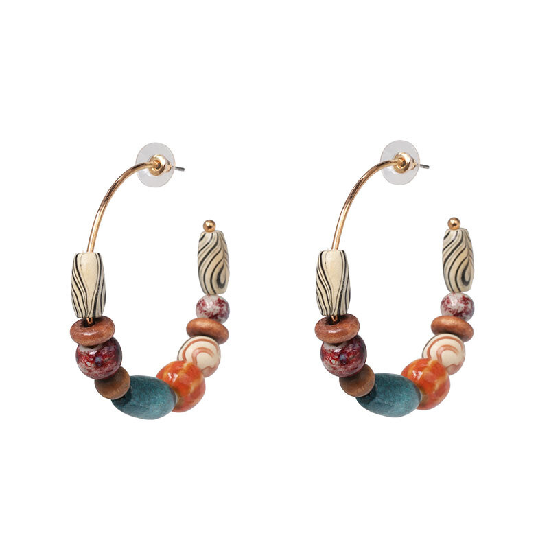 Wooden Beaded Hoop Earrings, 4 Colors, Your Choice Yellow, Blue, Black or Brown