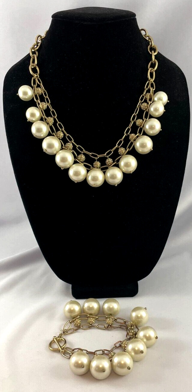 Chunky Faux Pearl Gold Tone Rhinestone Orb Necklace And Bracelet Toggle Clasp