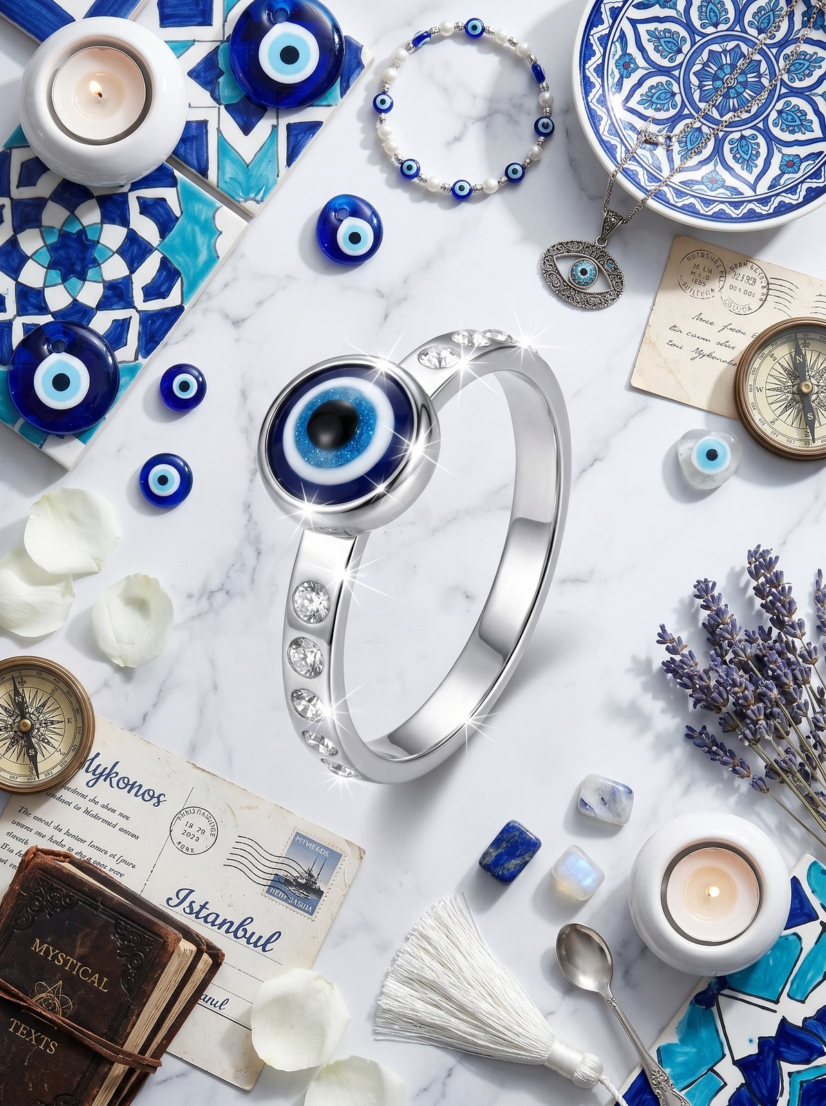 Evil Eye Protection Ring – Silver-Tone Talisman Band with Blue Enamel & Crystals
