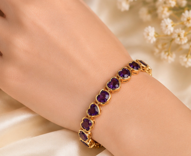 9Ct Simulated Amethyst Elegant Wedding Tennis Bracelet 14K Yellow Gold Plated