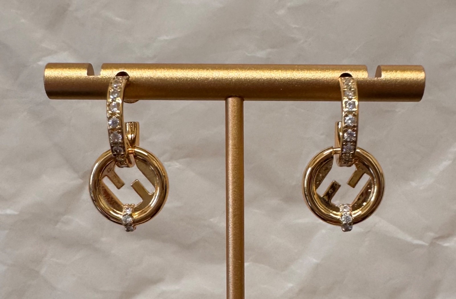 Fendi Gold Tone FF Logo Crystal Hoop Earrings Small Drop # 548