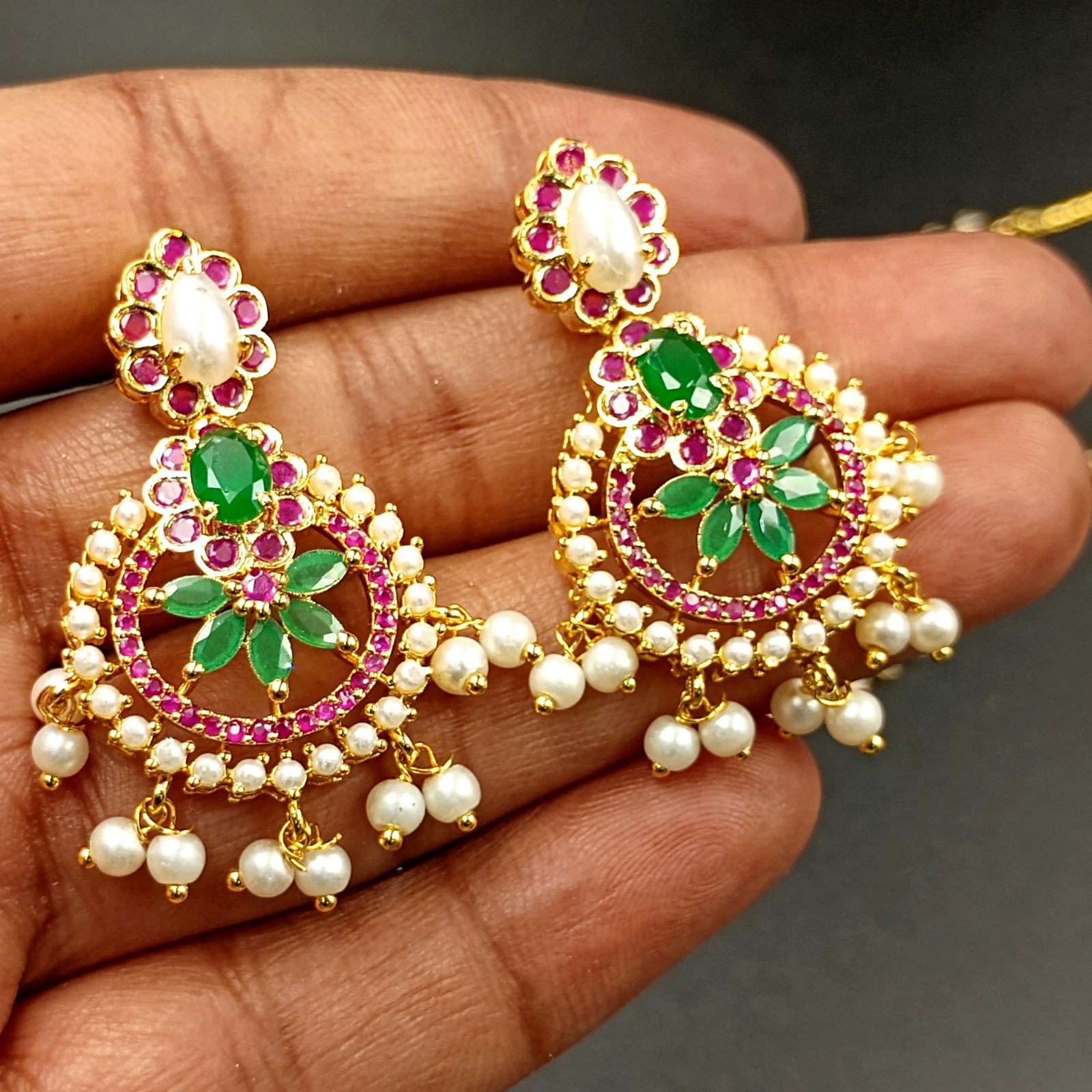 Vintage Style Ruby Emerald Pearl Necklace 22k Gold Plated Handmade Set