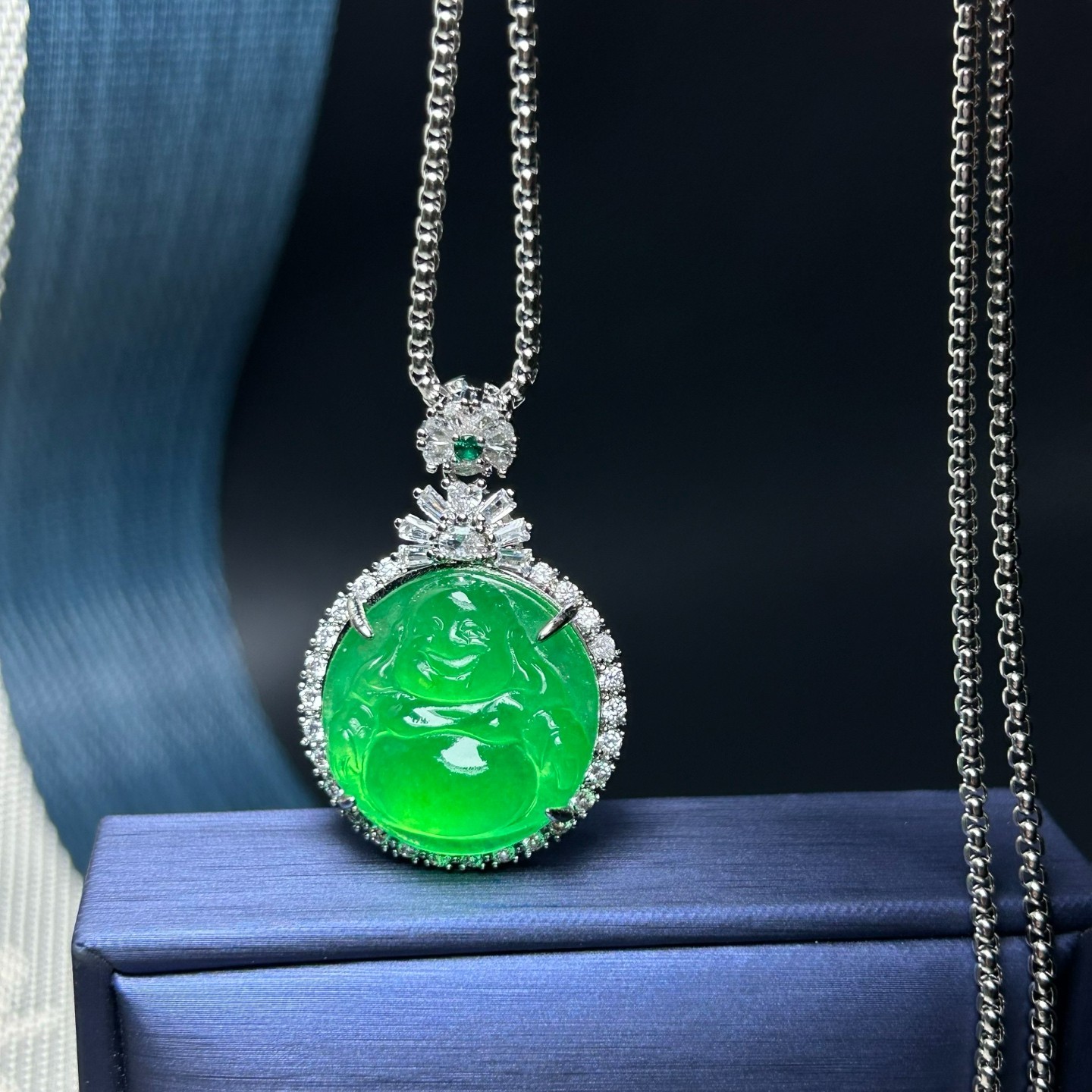 Inlay Nature ice green Burmese Jade Jadeite Carved Buddha luck Pendant&Necklaces