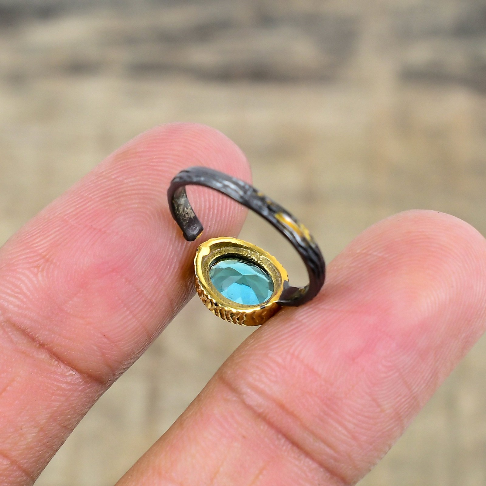 Paraiba Tourmaline Black & Gold Plated 925 Sterling Silver Ring S.Adjustable R6