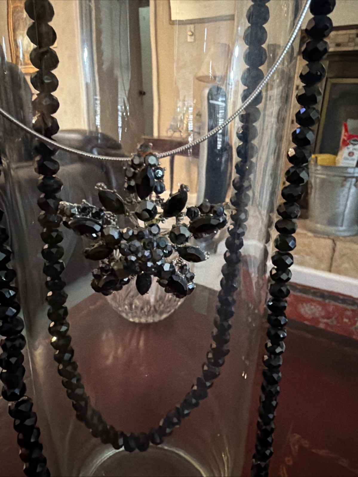 Black 62 In Crystal Bead Necklace with A Black Pendant Or Brooche. Beautiful