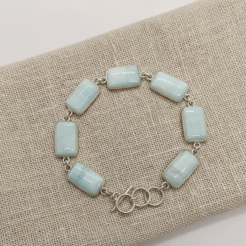 Premium Blue Larimar Bracelet 75 CT, Rectangle Sky Blue Stones Link Bracelet