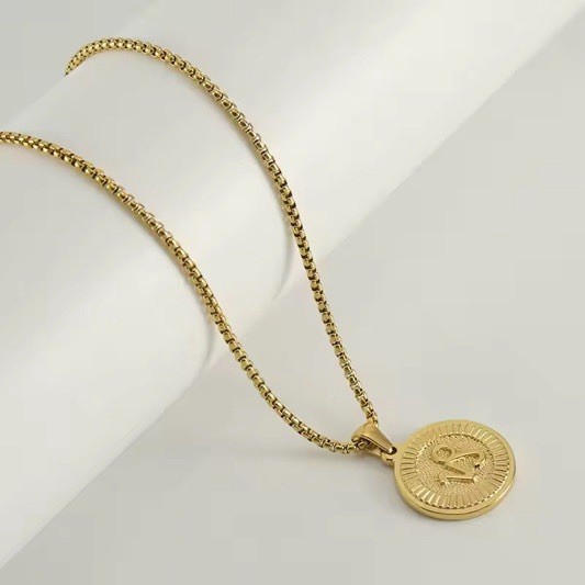 Gold Tone Curb Chain Necklace, Yellow Gold Plated Round Religious Medal Pendant