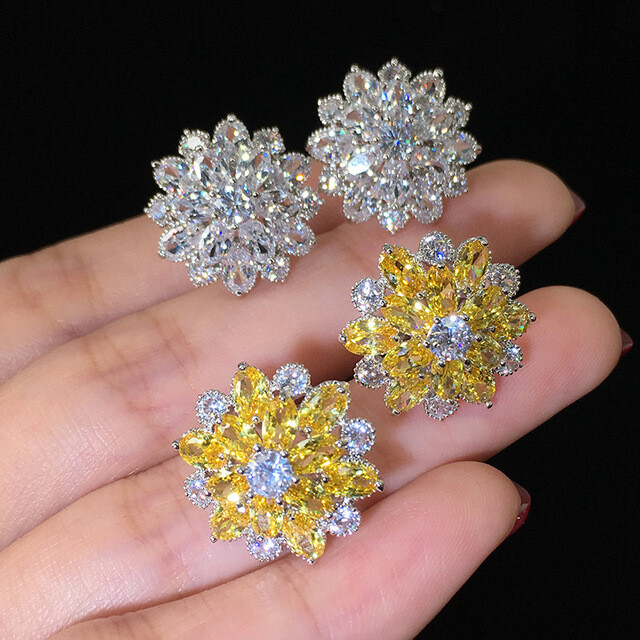 White Gold Big Size CZ Cluster Flower Snowflake Stud Earrings 20mm/0.8″ Box PE50
