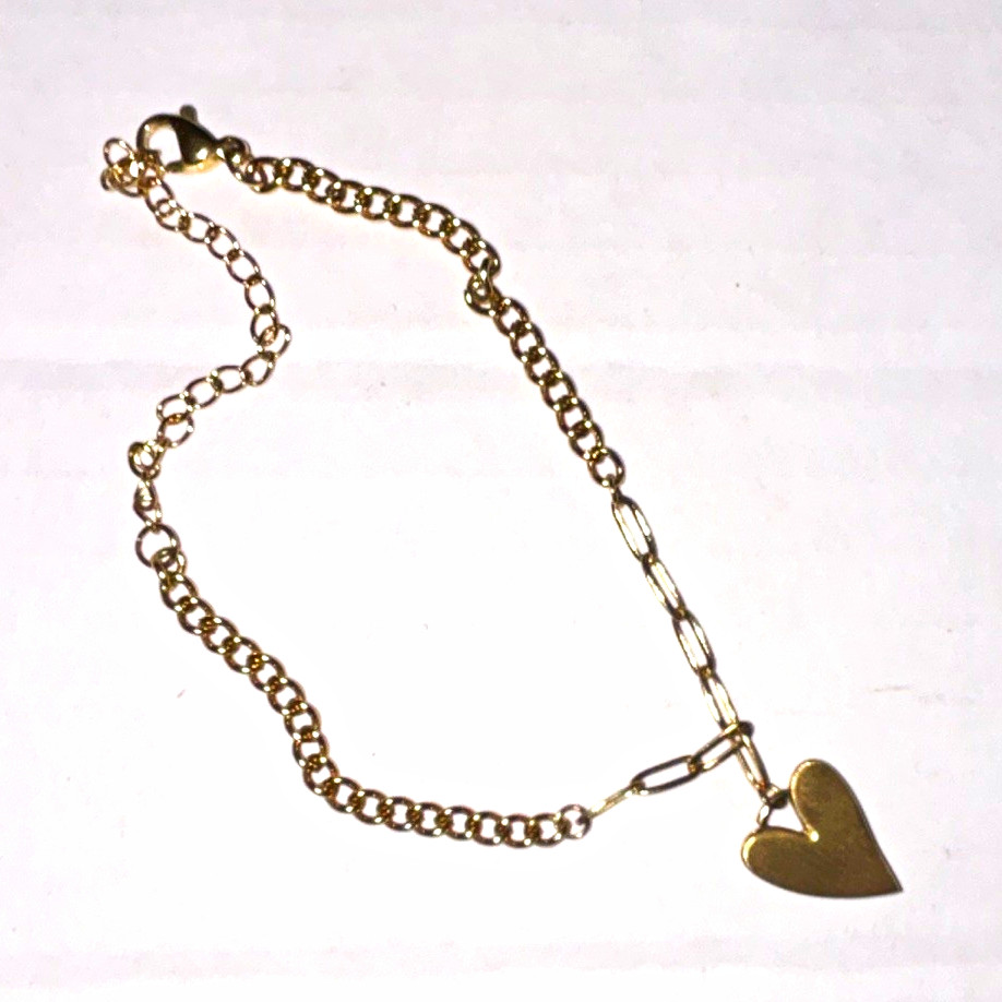 Gold Tone Mixed Link Chain Bracelet Heart Dangle Charm Love Lobster Clasp