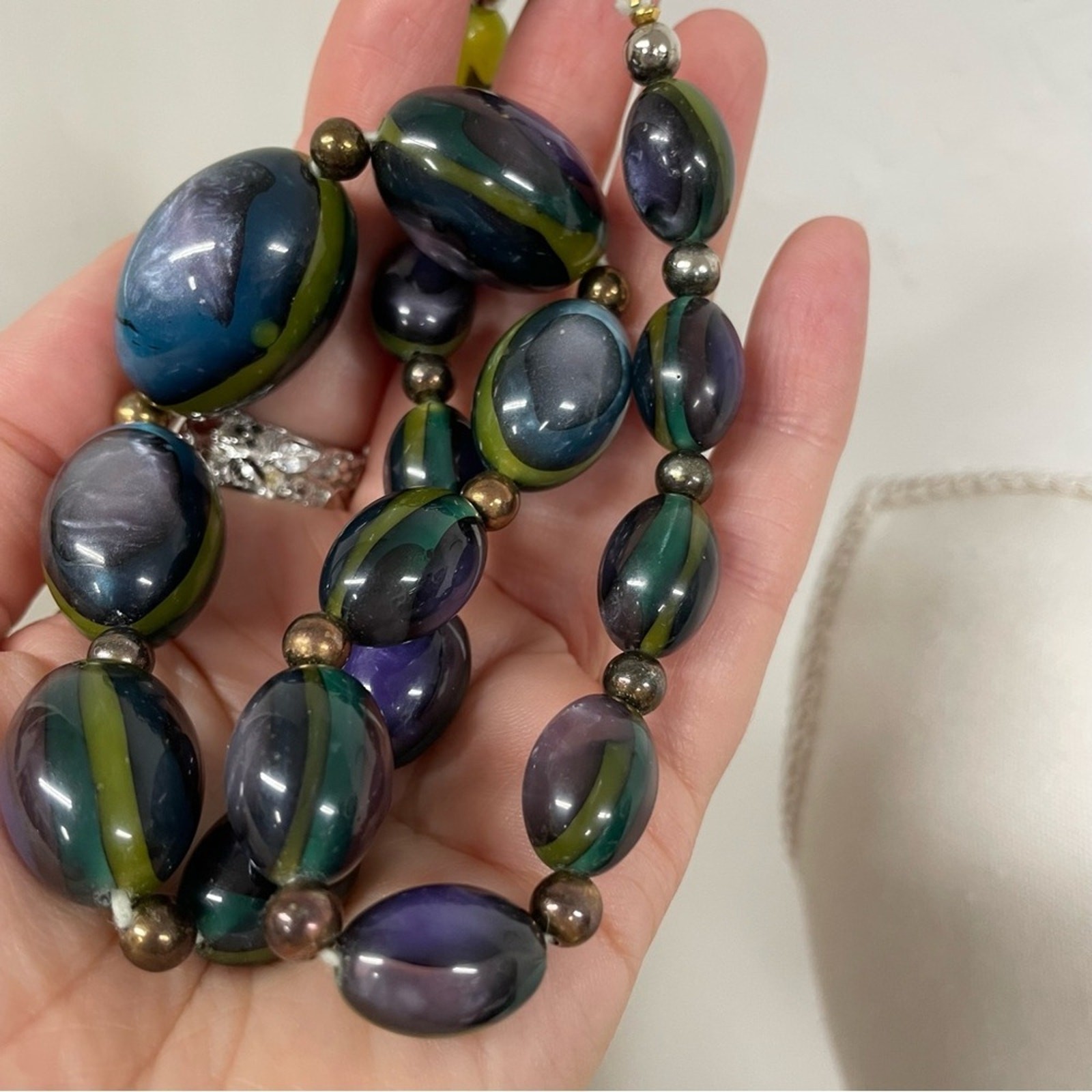 Blue & Green Glass Beads Necklace Silver Tone Chunky Artsy Boho