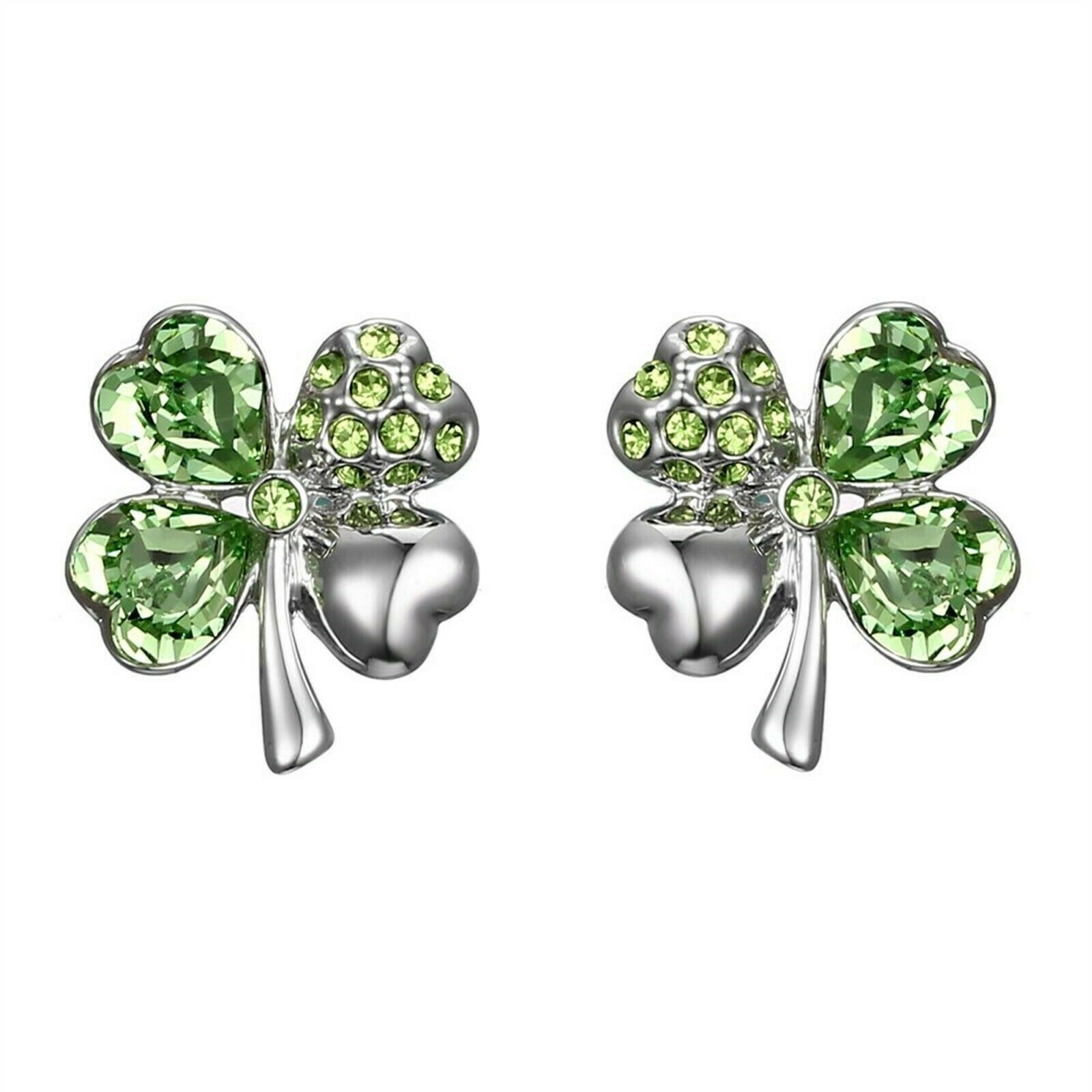 Shamrock Clover Heart Green Jeweled Stud Earrings Made With Swarovski Crystals