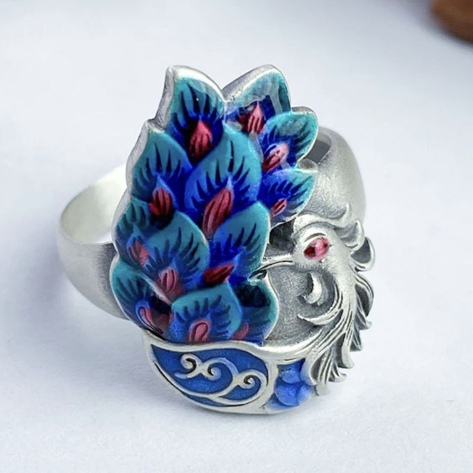 New Enamel Phoenix Ring Adjustable Peacock Open Ring Ethnic