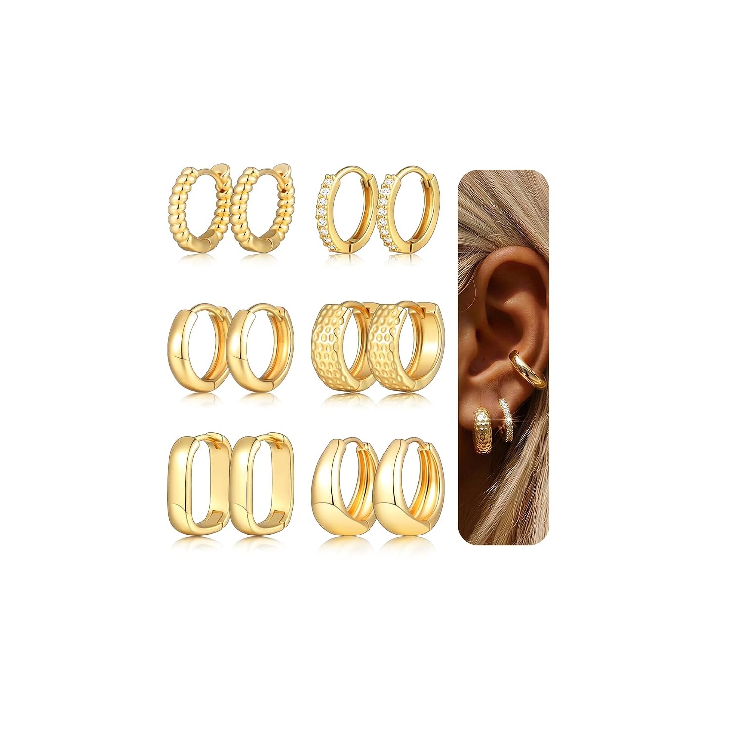 6 Pairs Gold Hoop Earrings Set for Women, 14K Gold Plated Lightweight Chunky Twi