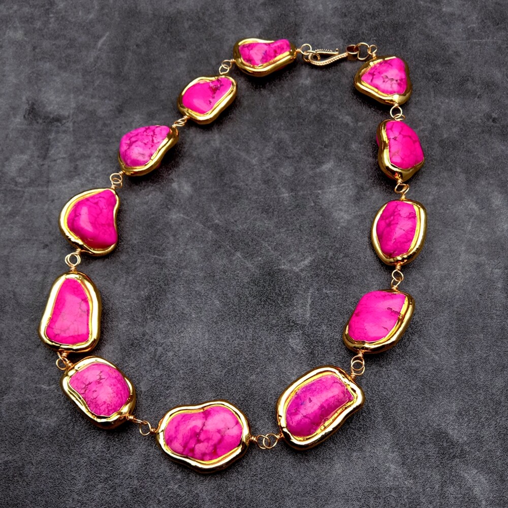 Pink Color Turquoise Freeform Beads Gold Plated Choker Necklace Chunky Necklaces