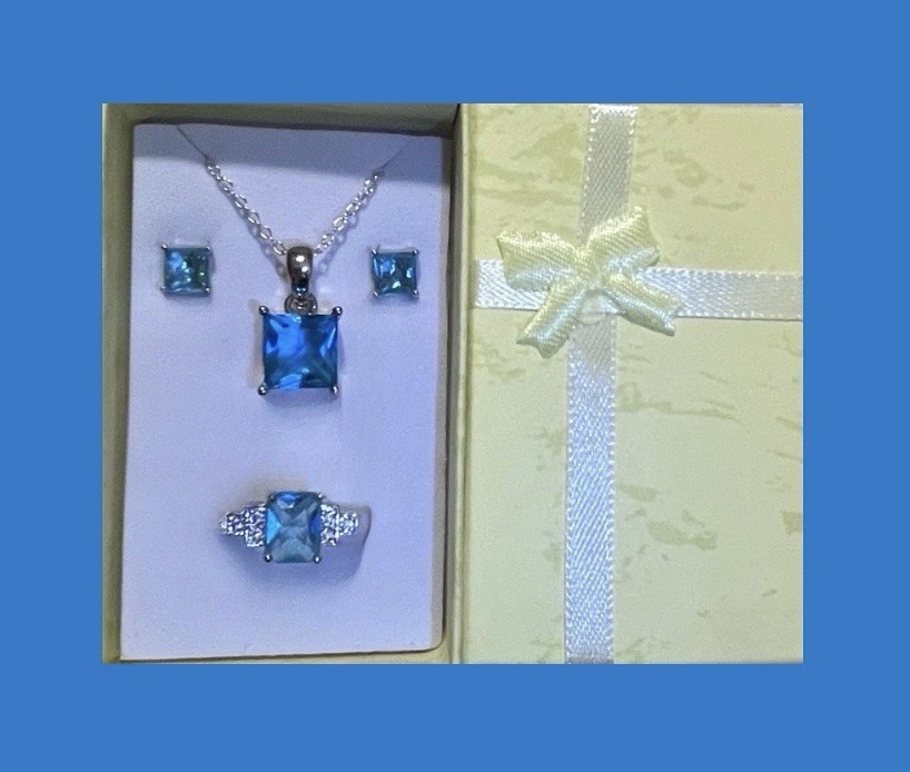Dazzling Sky Blue Topaz Square Necklace, Earrings, & Ring Size 9.5 Set