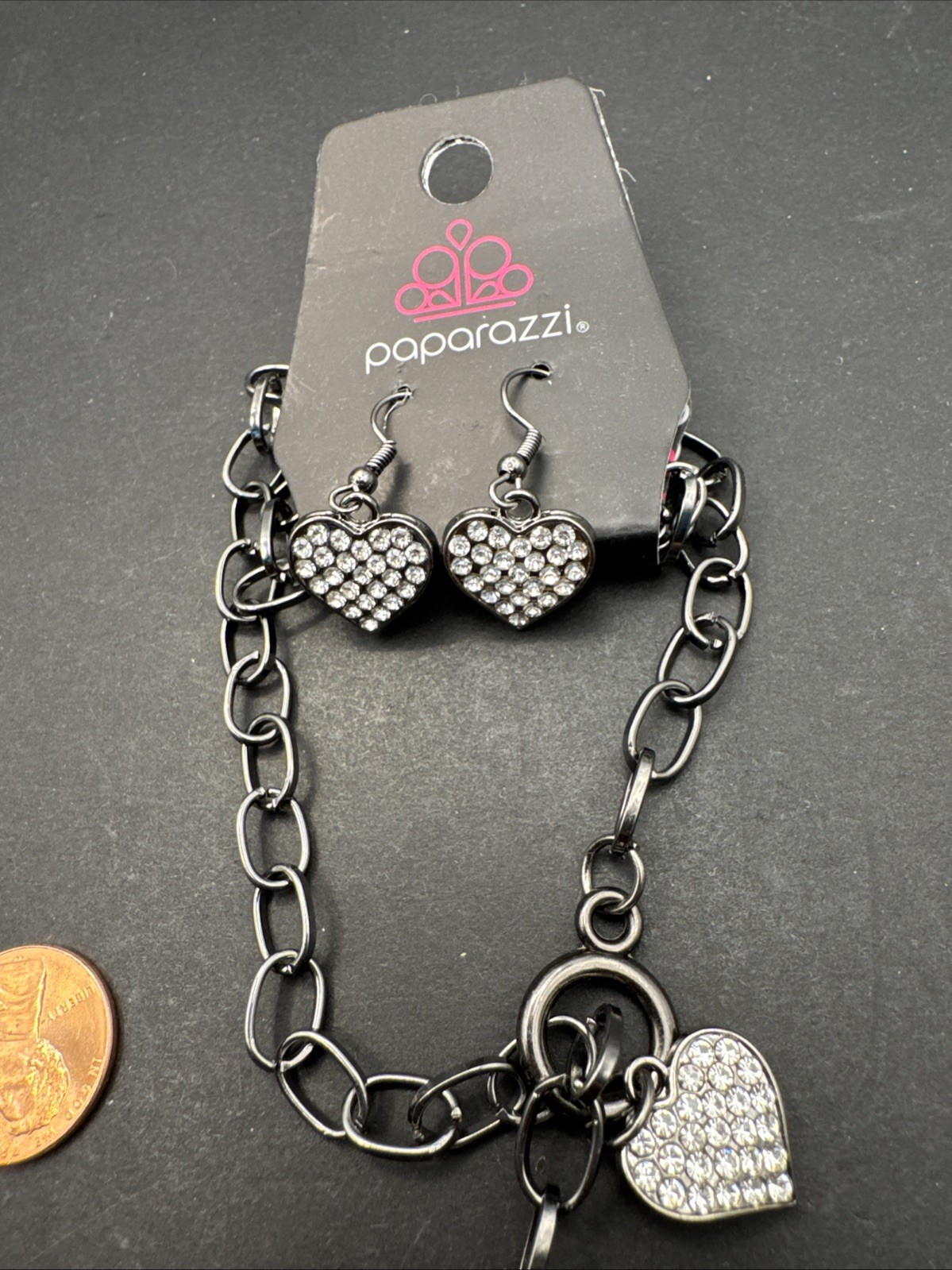 Paparazzi 1” Earrings W/Slip Chain 17” Necklace Gun Metal Grey W/Crystal Hearts