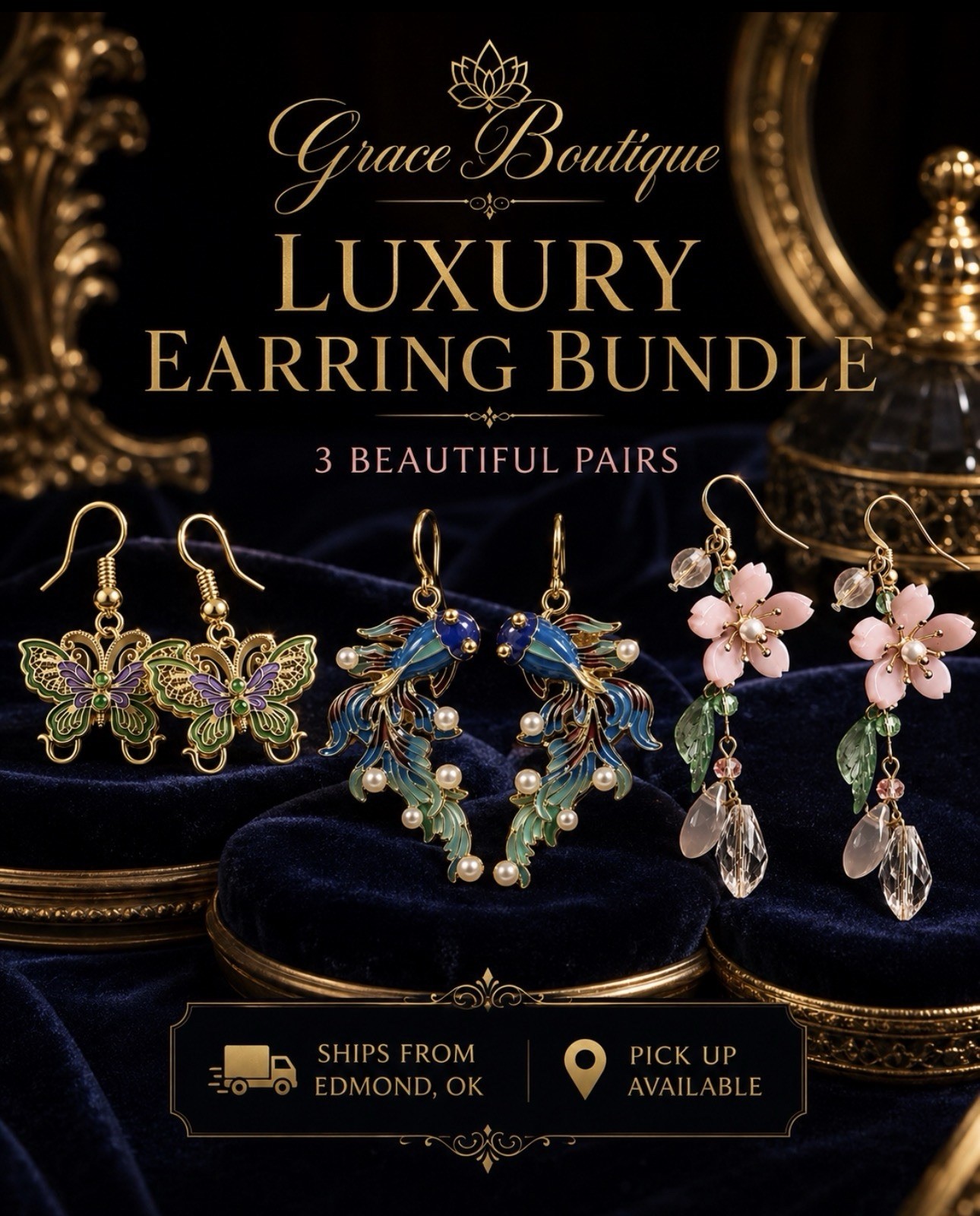 Grace Boutique 3 Pair Multicolor Enamel Butterfly Flower Dangle Hook Earrings